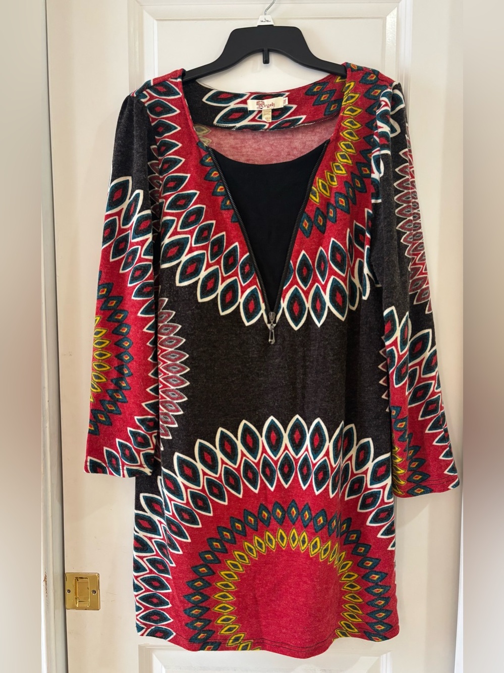 Aryeh Floral Zip-Front Tunic Sweater Dress - Red & Black